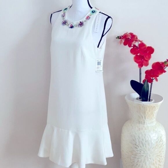 TRINA TURK NWT WHITE STONE EMBELLISHED NECKLINE SLEEVELESS DRESS RUFFLE BOTTOM - Picture 3 of 11